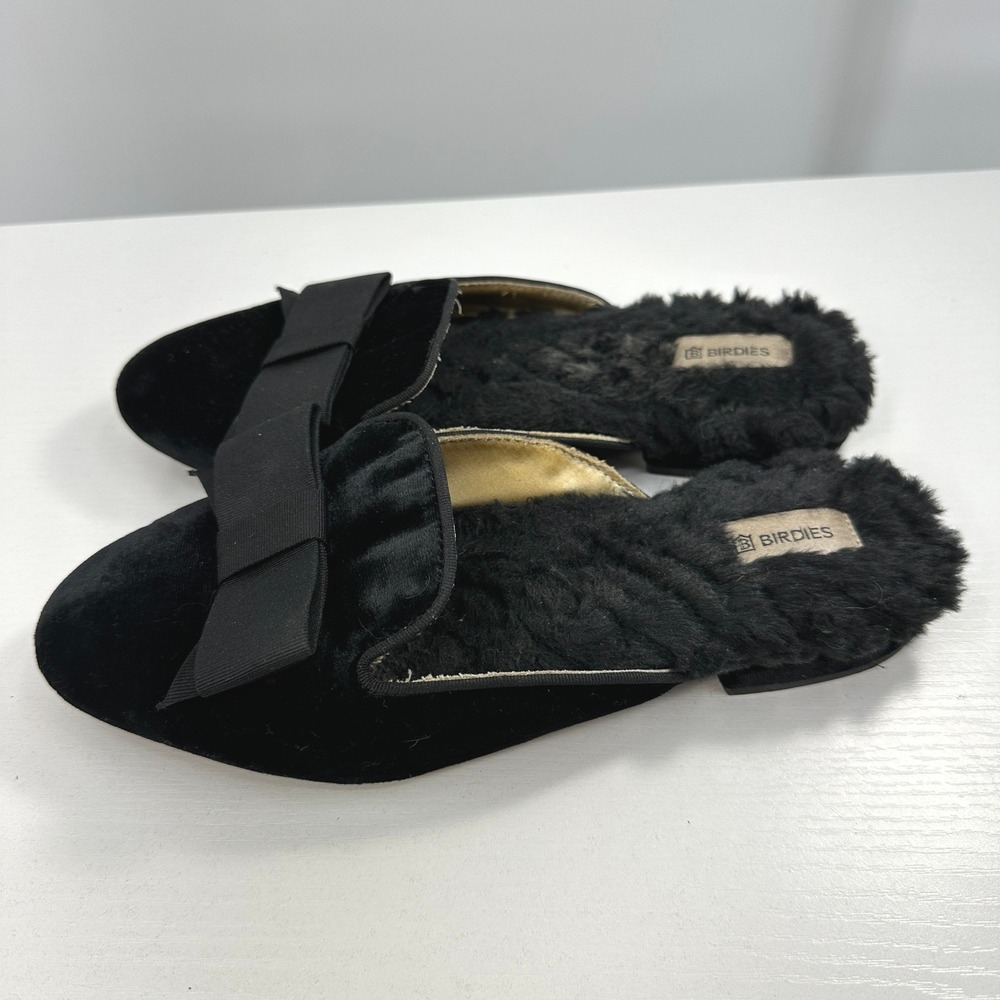Birdies faux fur bow slippers 5.5 mule style travel mid 2000's goth dark romance - Picture 2 of 7